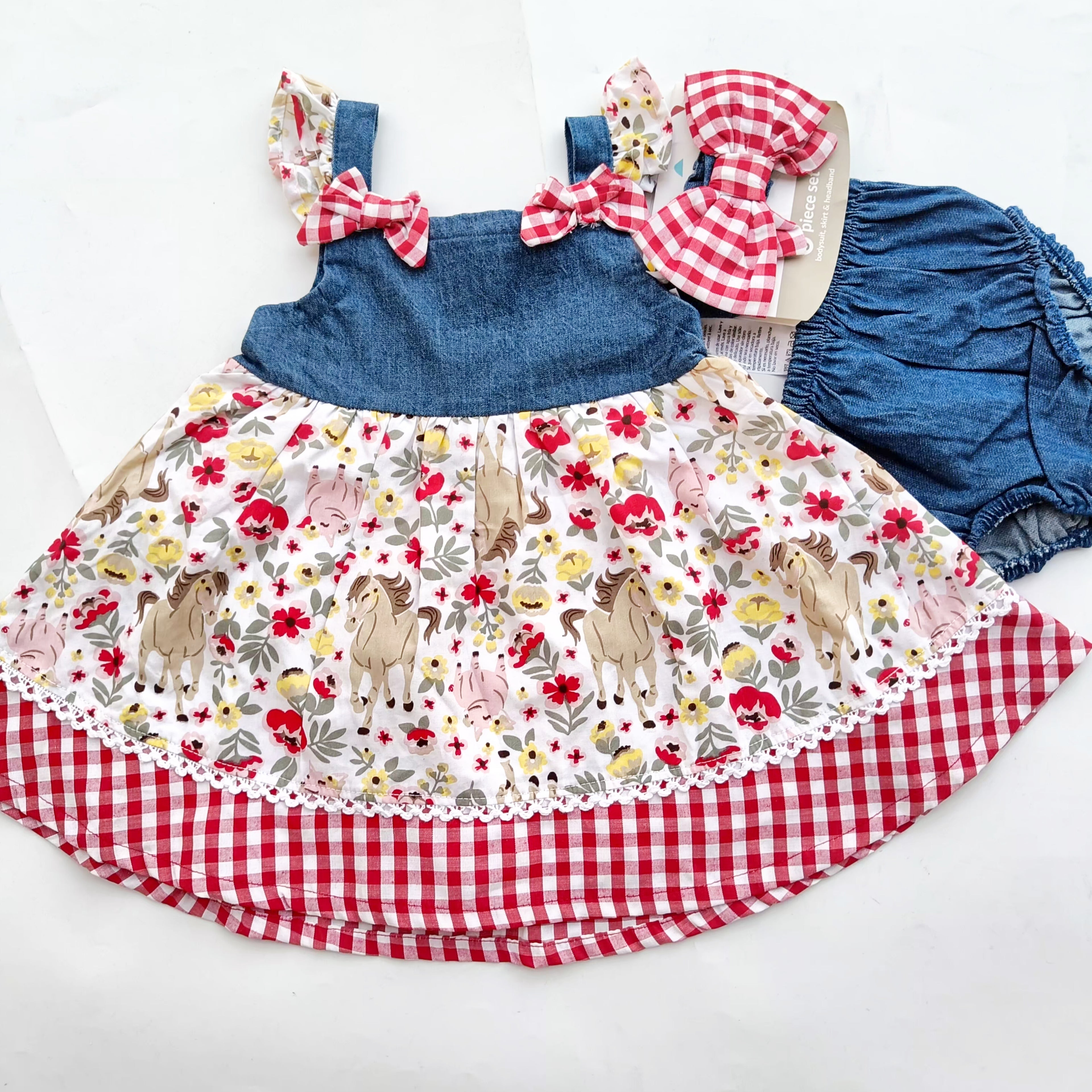 Denim & Floral Baby Dress Set with Bloomer & Headband 🌸💙