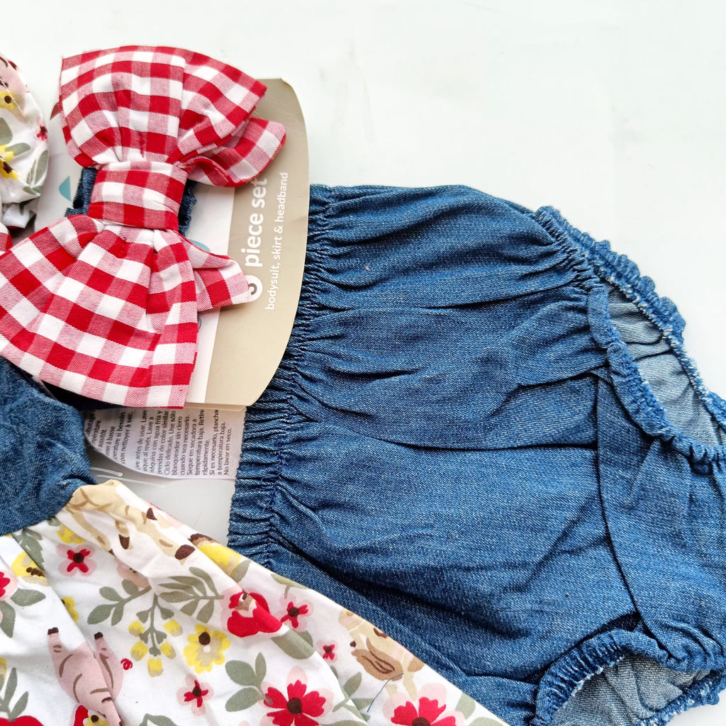 Denim & Floral Baby Dress Set with Bloomer & Headband 🌸💙